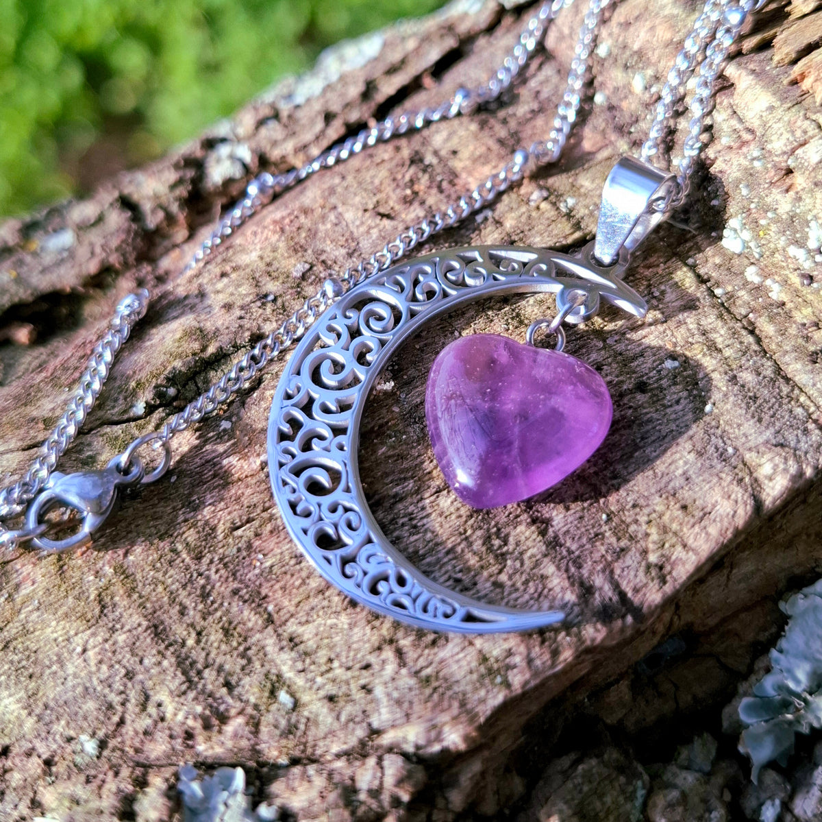 Moon Charm Necklace with Amethyst - Protection and Intuition