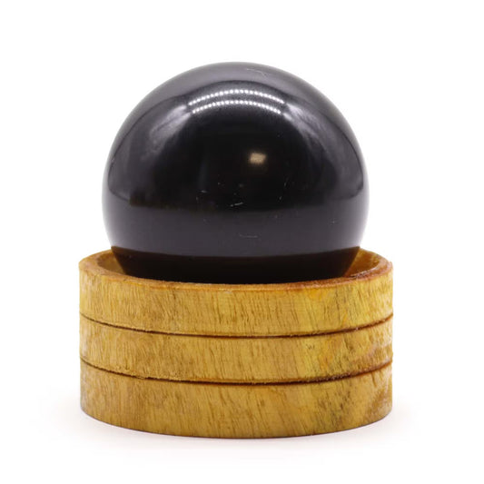 Esfera de Cristal de Turmalina Negra com Base de Madeira  - 40mm