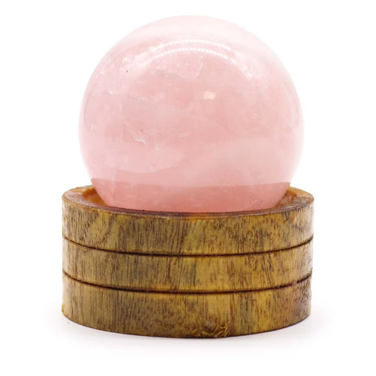 Esfera de Cristal de Quartzo-Rosa com Base de Madeira - 40mm