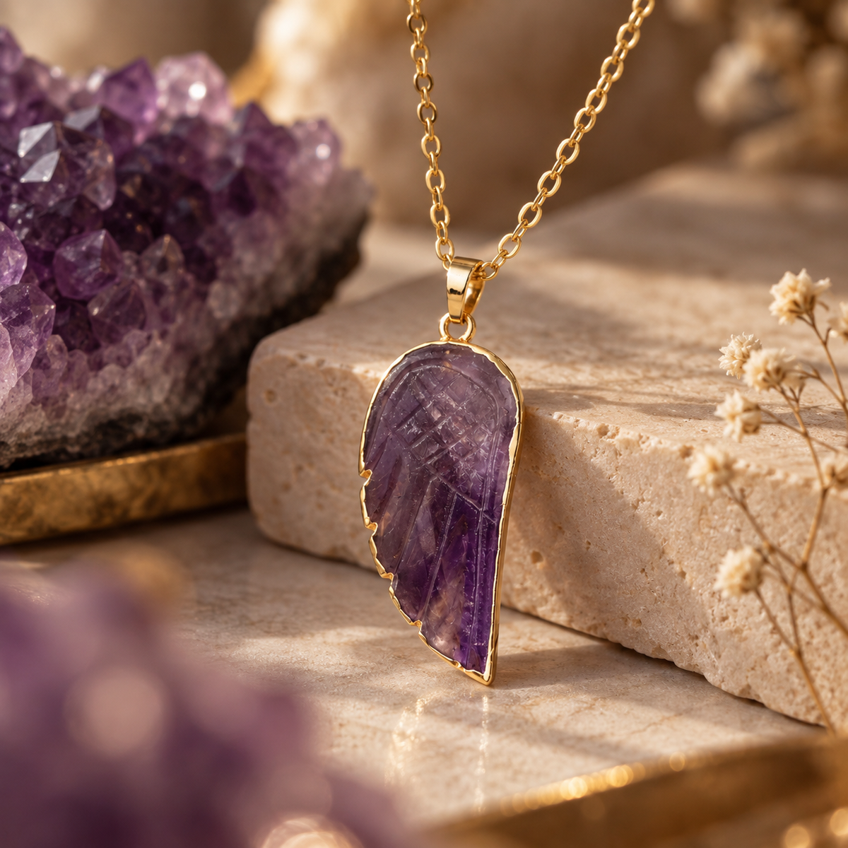 Colar Asa de Anjo de Ametista Natural Banhado a Ouro 18K