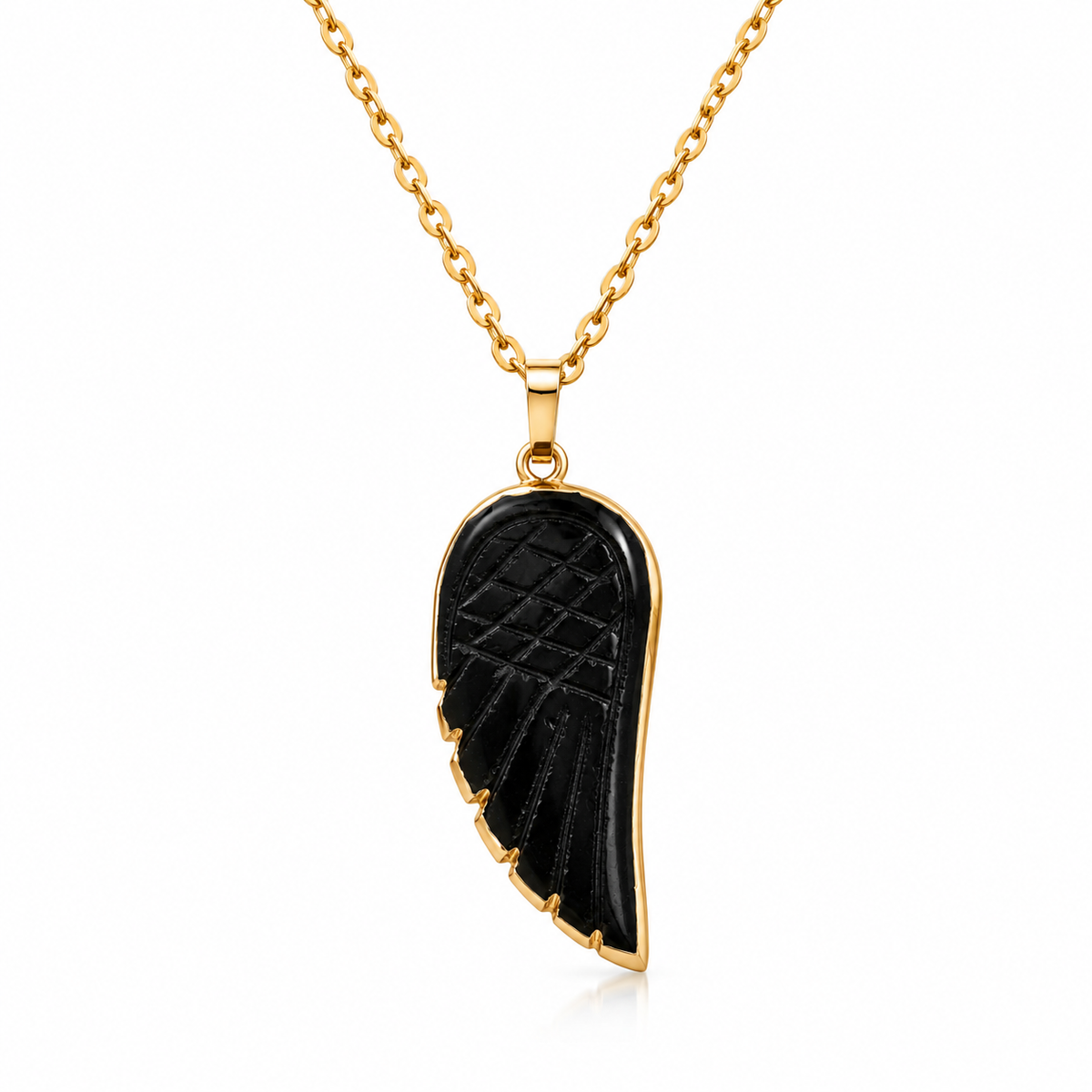 Colar Asa de Anjo de Obsidiana Negra Natural Banhado a Ouro 18K