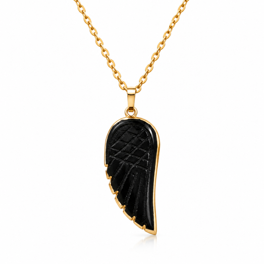 Colar Asa de Anjo de Obsidiana Negra Natural Banhado a Ouro 18K