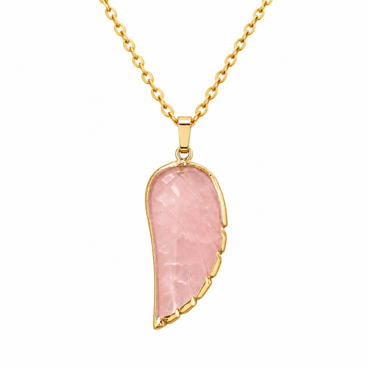 Colar Asa de Anjo de Quartzo-Rosa Natural Banhado a Ouro 18K