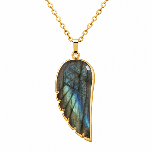Colar Asa de Anjo de Labradorite Natural Banhado a Ouro 18K