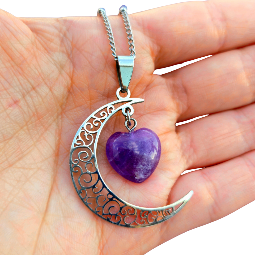 Moon Charm Necklace with Amethyst - Protection and Intuition