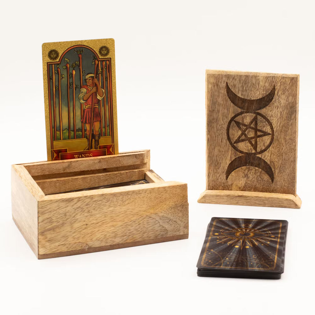 Caja de Tarot de Madera con Soporte para Cartas