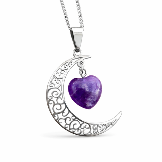 Moon Charm Necklace with Amethyst - Protection and Intuition